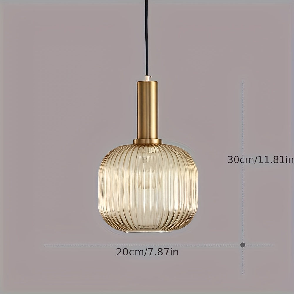 Modern Striped Glass Pendant Light | Brass & Ribbed Glass Shade