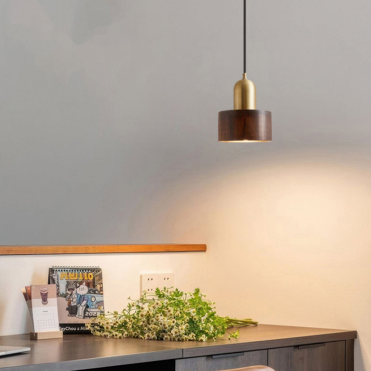 Cylinder Pendant Light | Japanese-Style Walnut & Brass Hanging Lamp
