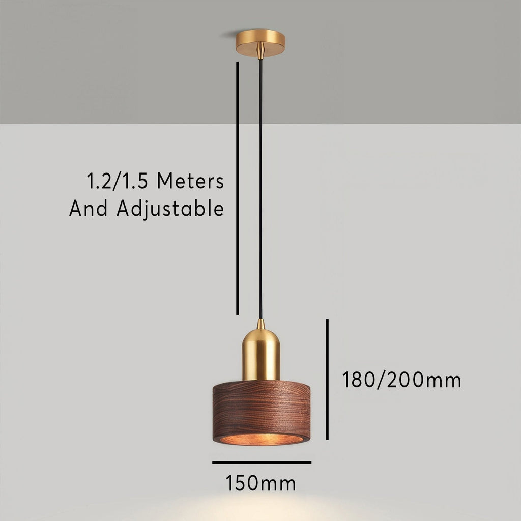 Cylinder Pendant Light | Japanese-Style Walnut & Brass Hanging Lamp