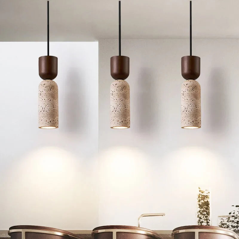 Wabi-Sabi Travertine & Wood Pendant Light | Japanese Minimalist Bedside Lighting