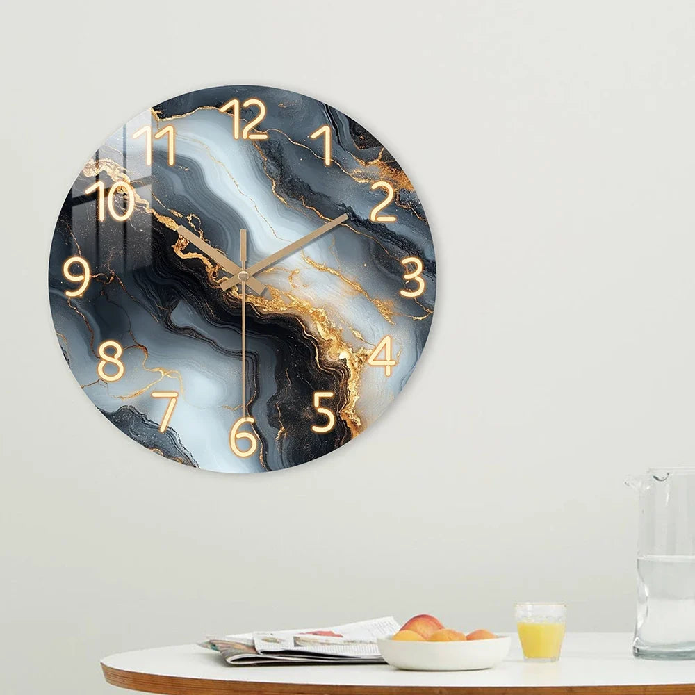 Blue & Gold Marble Wall Clock | Silent Wooden Design
