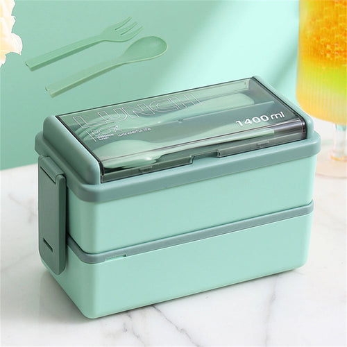 1400ml Double Layer Bento Box | Portable Lunch Box with Fork & Spoon – Microwave Safe Food Storage for Kids & Adults